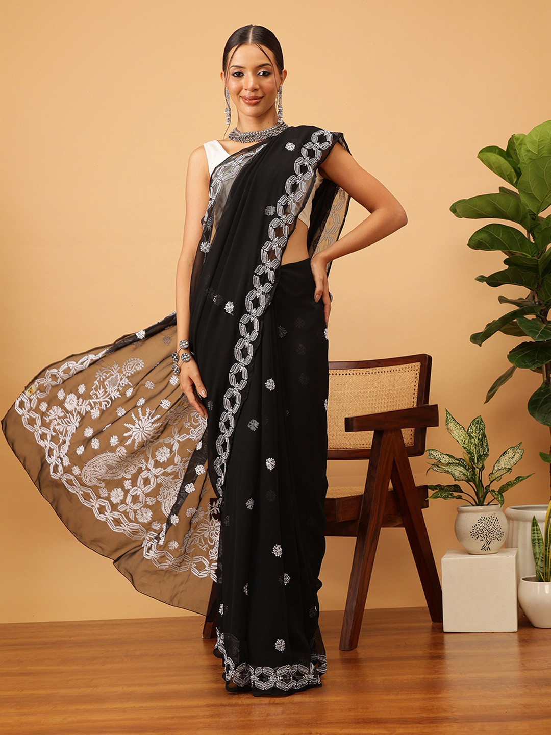 ADA Black & White Lucknow Chikankari Poly Georgette Embroidered Handloom Saree