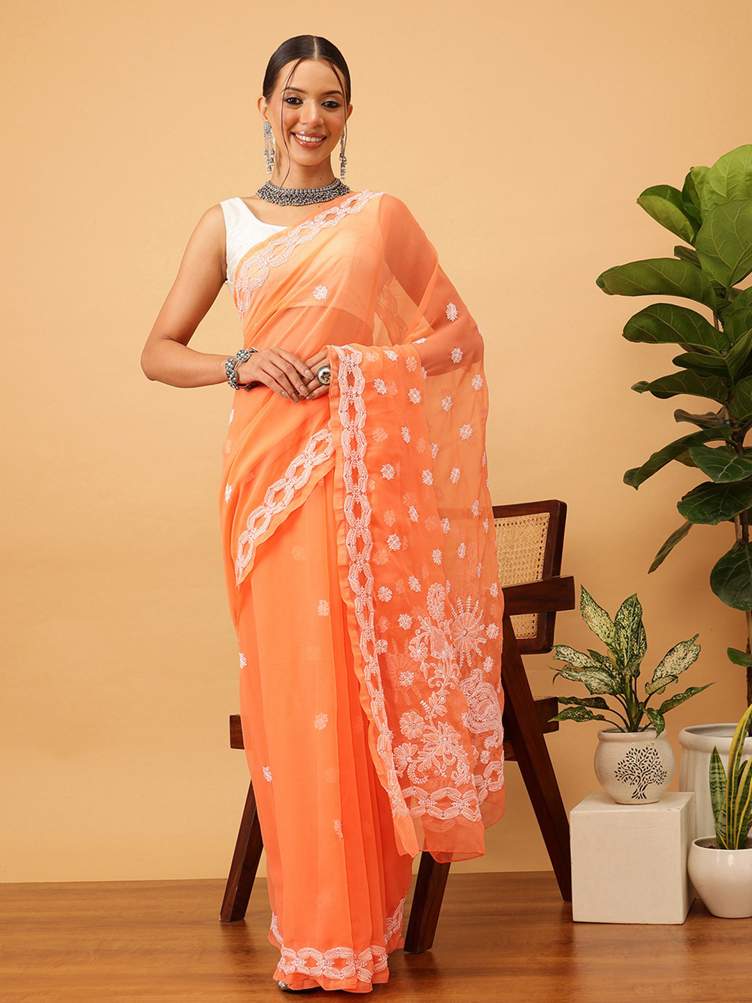ADA Peach-Coloured & White Poly Georgette Embroidered Lucknow Chikankari Saree