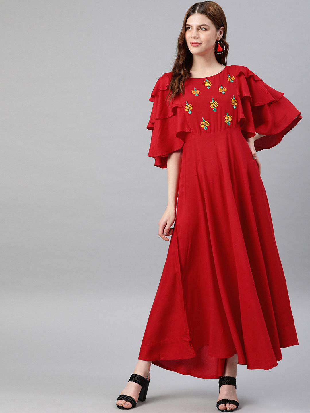 YASH GALLERY Women Red Solid Maxi Dress