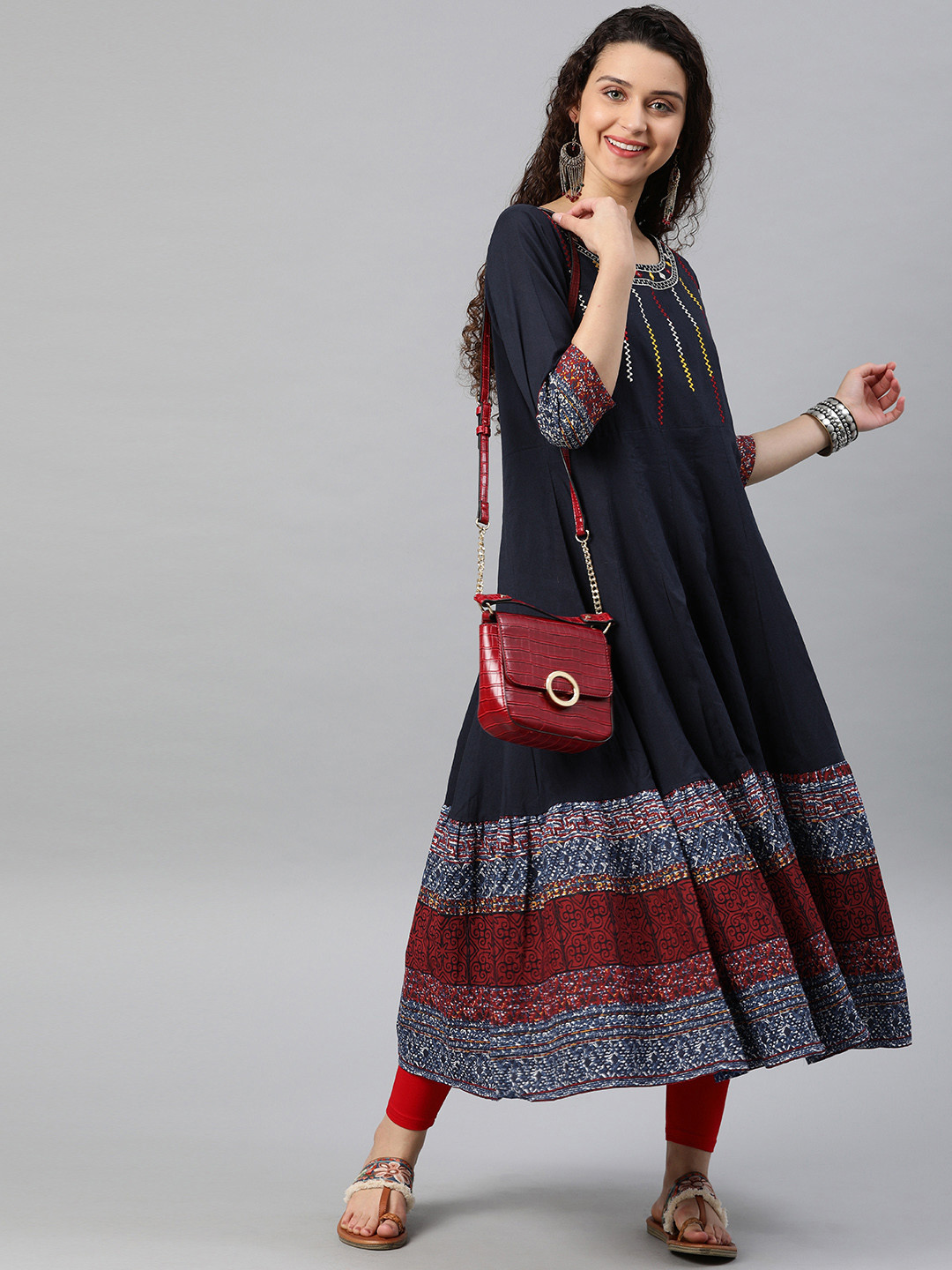 YASH GALLERY Women Navy Blue & Red Yoke Design Anarkali Kurta