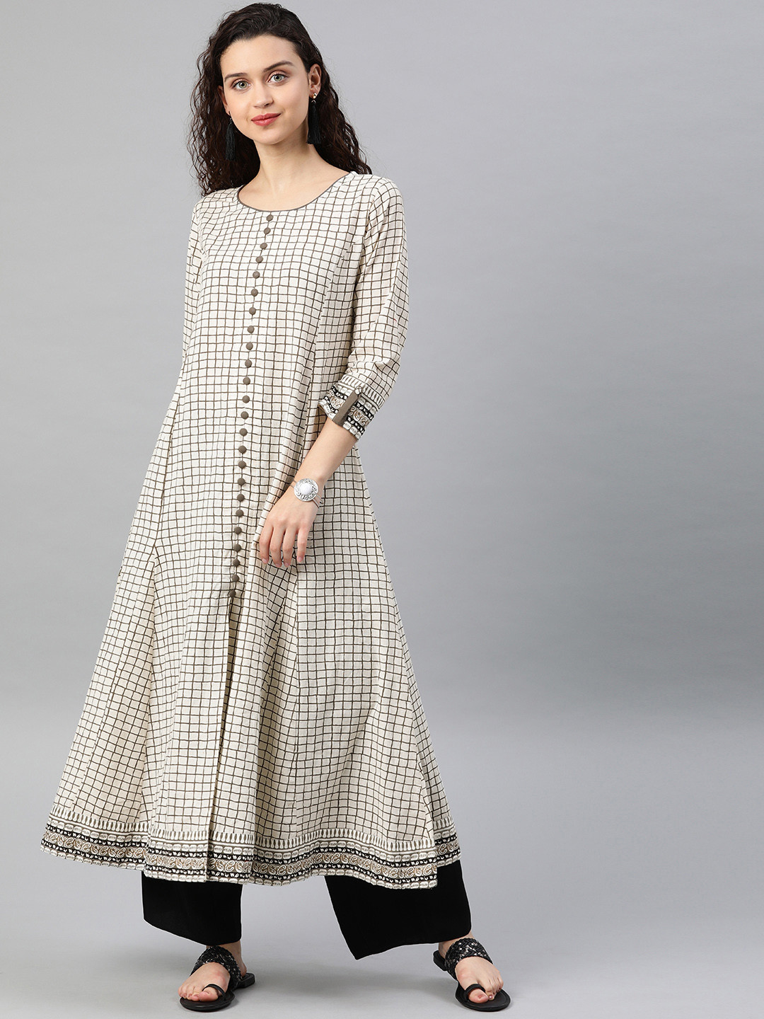 YASH GALLERY Women White & Grey Checked A-Line Kurta