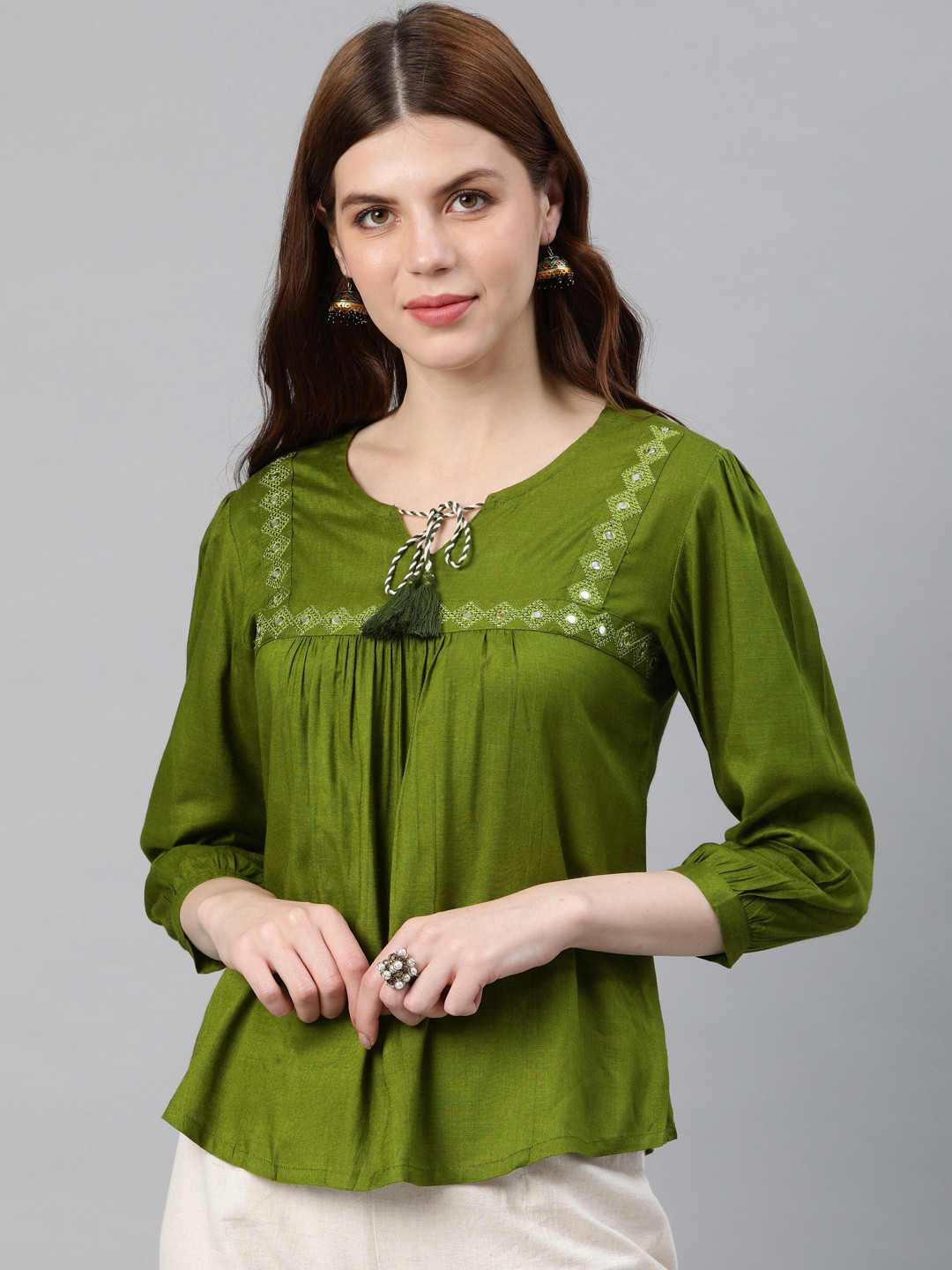 YASH GALLERY Women Olive Green Solid Top