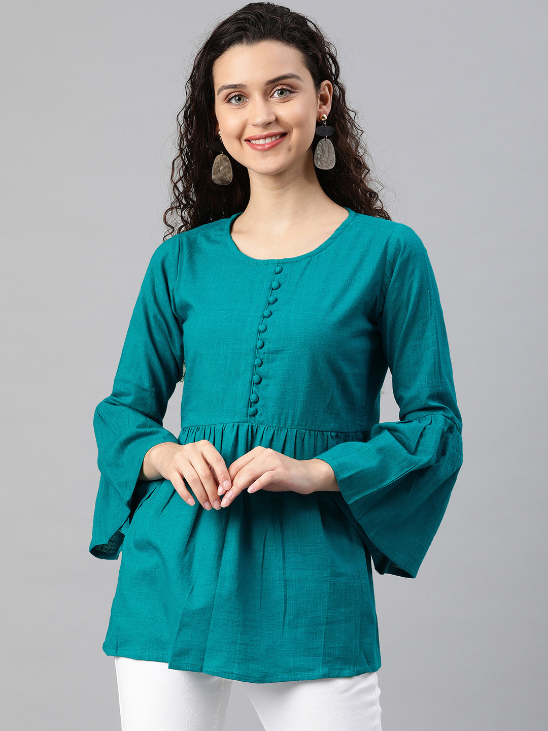 YASH GALLERY Women Teal Blue Solid Top