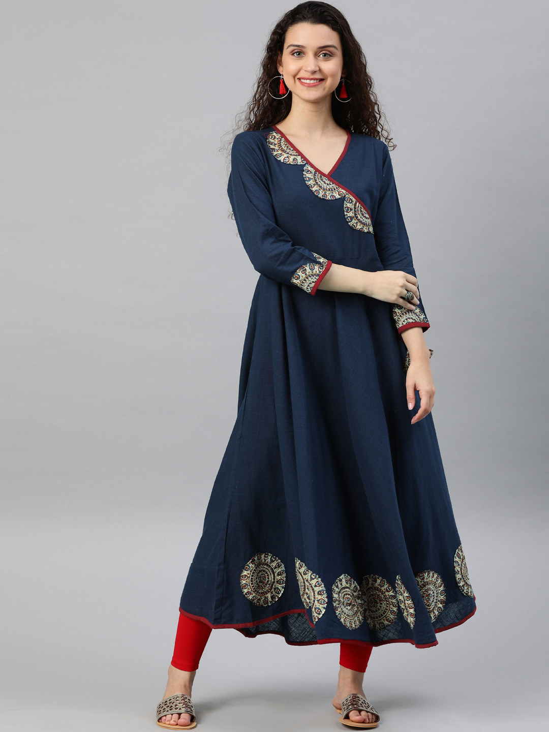 YASH GALLERY Women Navy Blue Pachwork Detail Angrakha A-Line Kurta