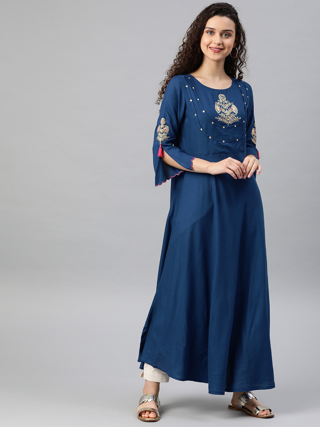 YASH GALLERY Women Blue Embroidered A-Line Kurta