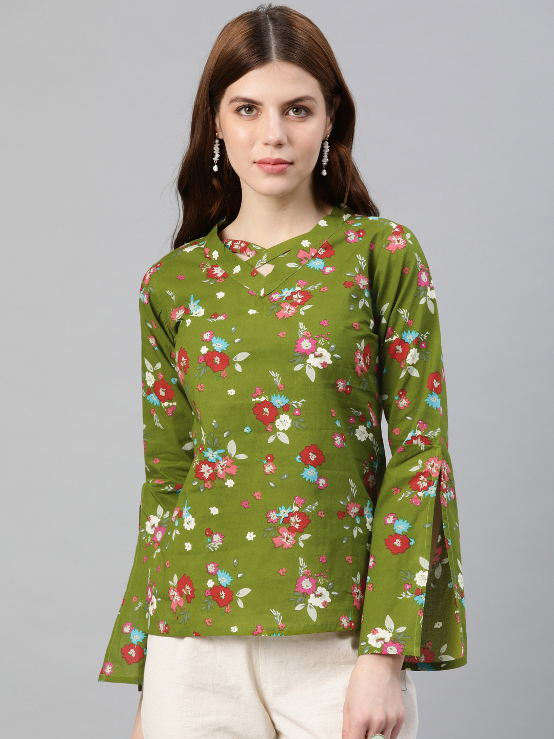 YASH GALLERY Women Olive Green & Pink Printed Top