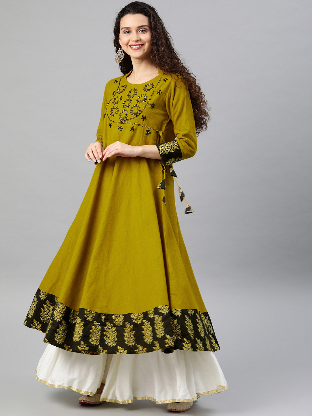 YASH GALLERY Women Mustard Yellow & Black Yoke Design A-Line Kurta