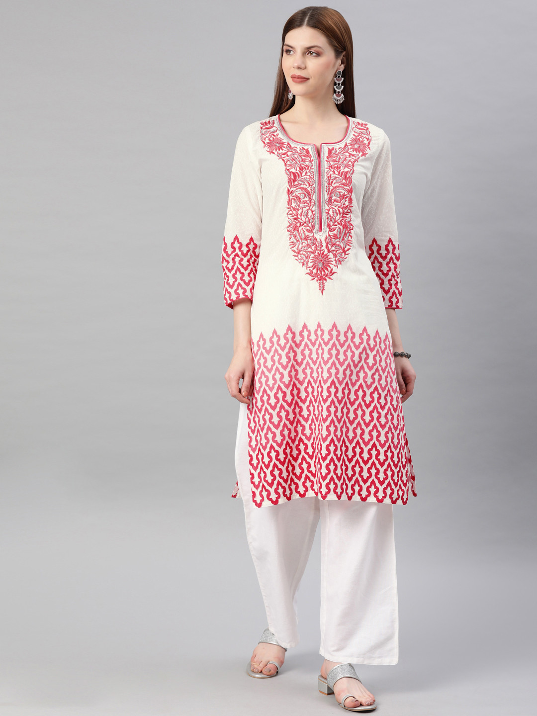 Geroo Jaipur White & Pink Embroidered Straight Cotton Kurta