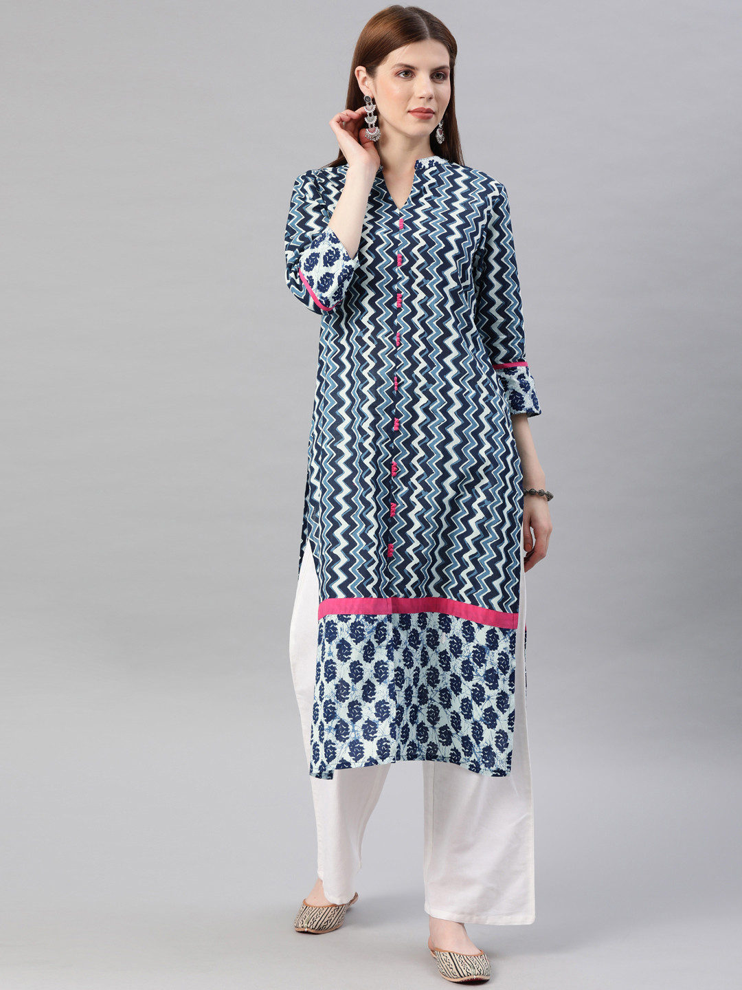Geroo Jaipur Indigo Hand Block Printed Straight Pure Cotton Kurta