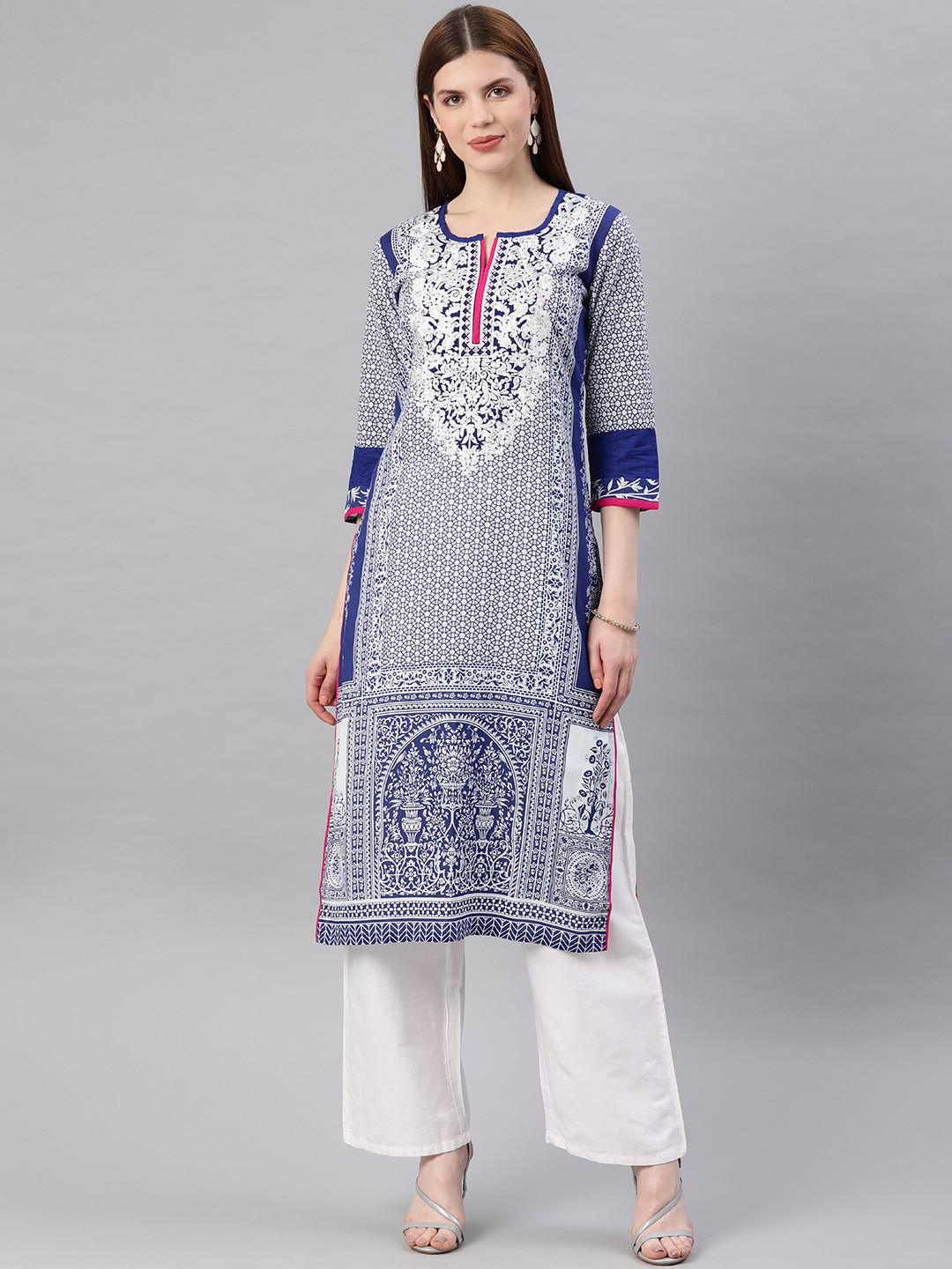 Geroo Jaipur Blue Embroidered  Straight Cotton Sustainable Kurta