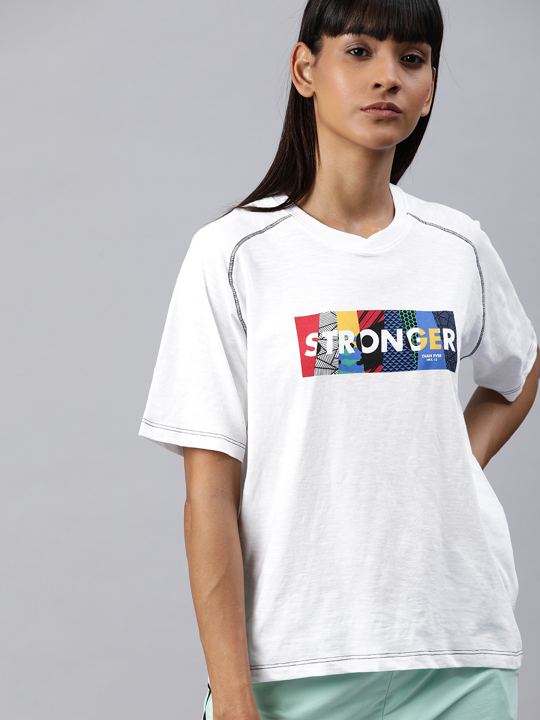 Hrx By Hrithik Roshan Women White Slub Printed Tie  Dye Boxy Fit Lifestyle Tshirts