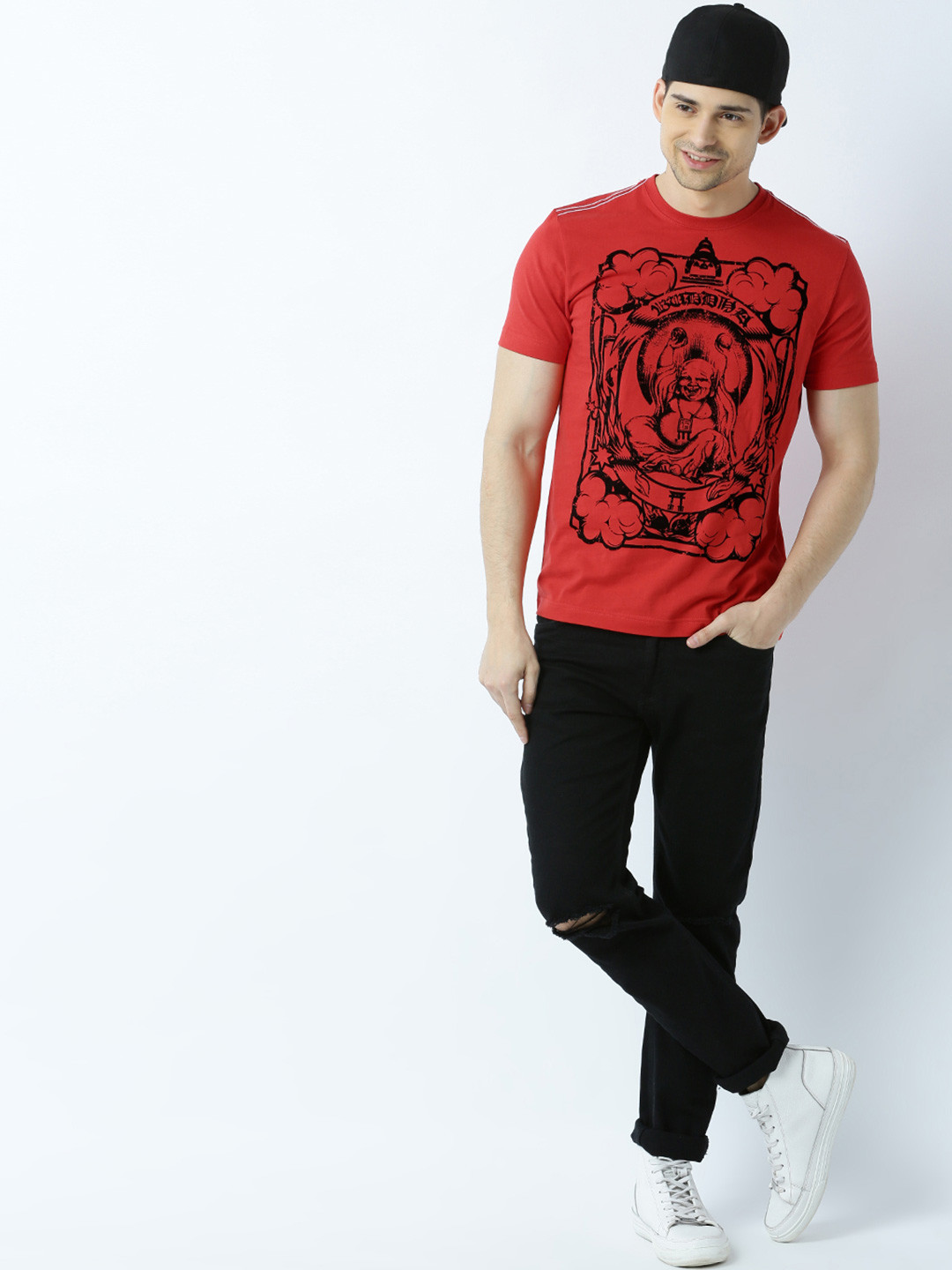 Huetrap Men Red Laughing Buddha Print Round Neck T-shirt