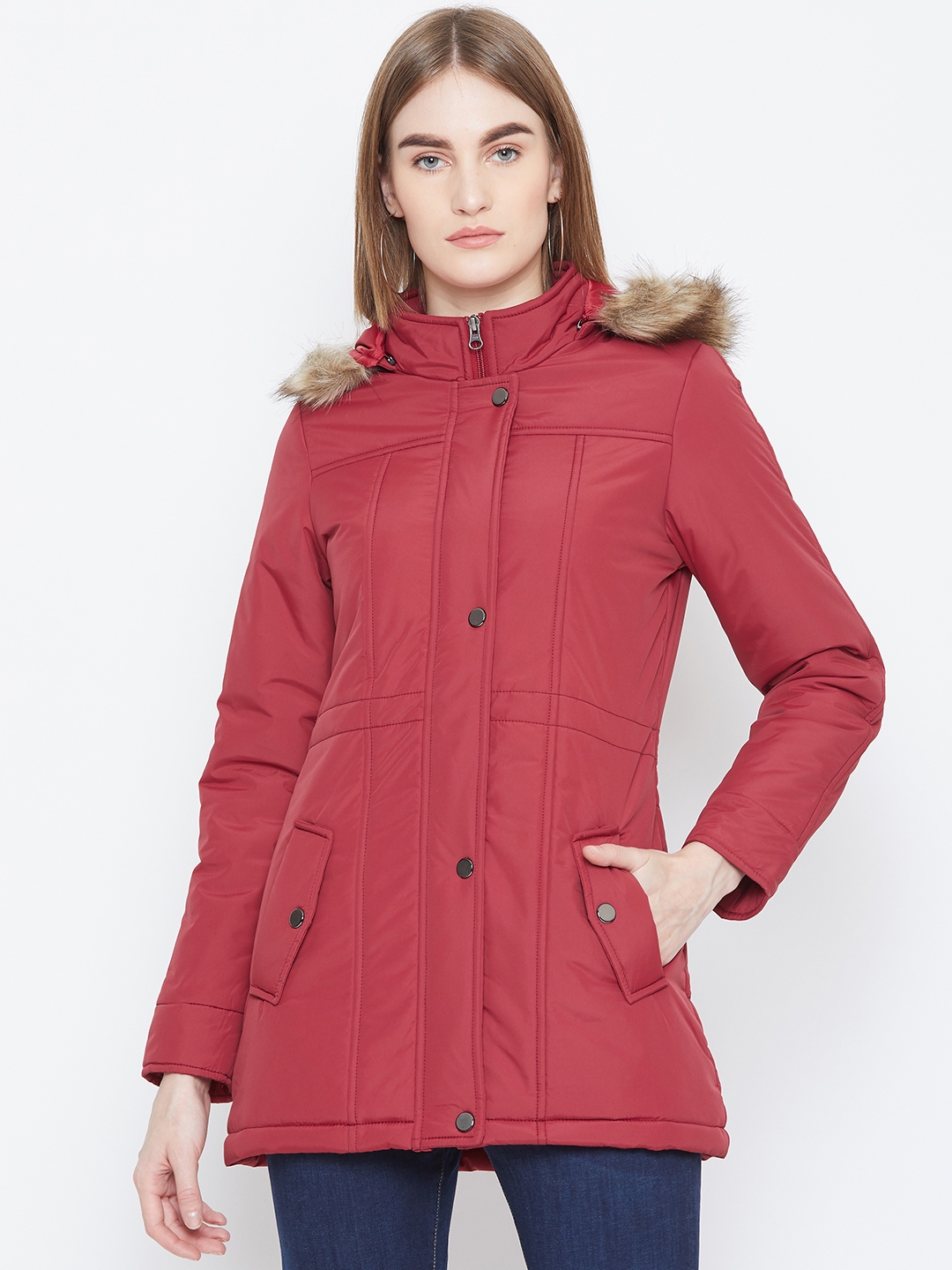 Trufit Women Red Solid Insulator Parka Jacket with Detachable Hood
