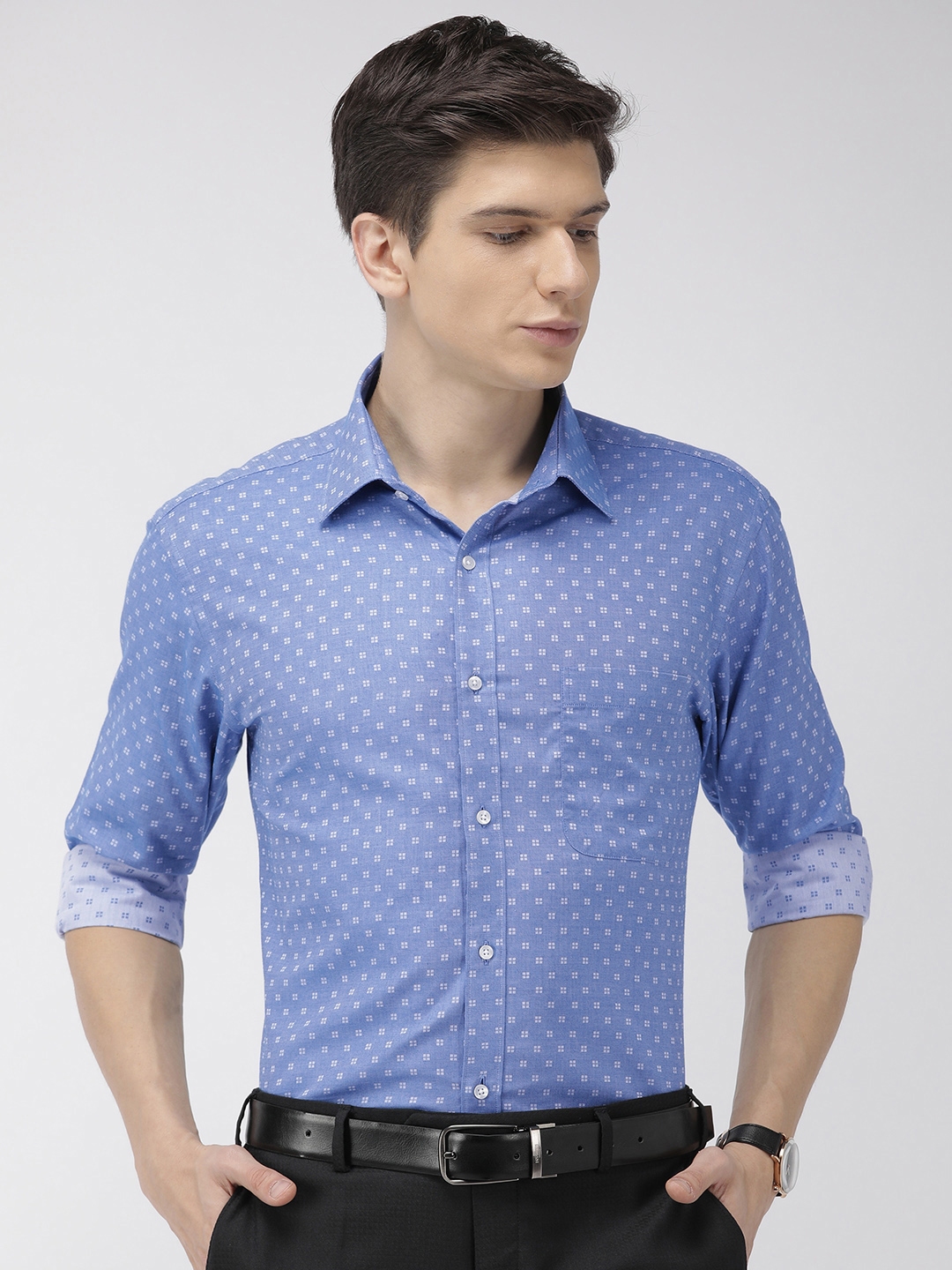 Raymond Men Blue White Slim Fit Self Design Formal Shirt