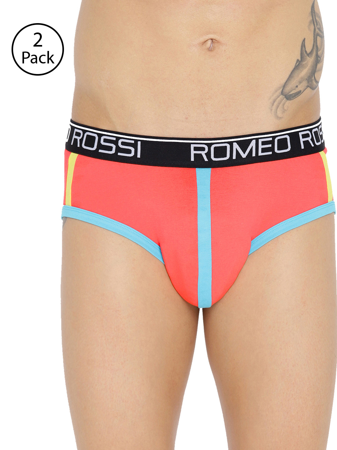ROMEO ROSSI Men Pack of 2 Coral Red Striped Low-Rise Basic Briefs CLBCP-2002-CR-2
