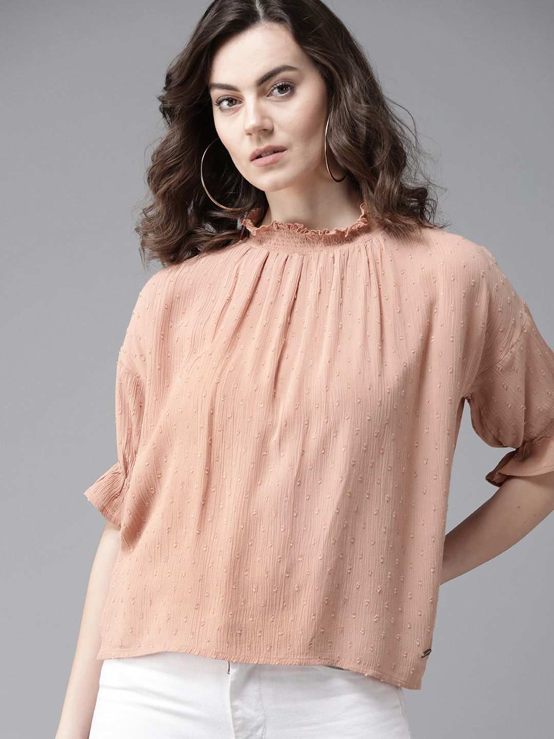 Roadster Women Dusty Pink Self Design Top