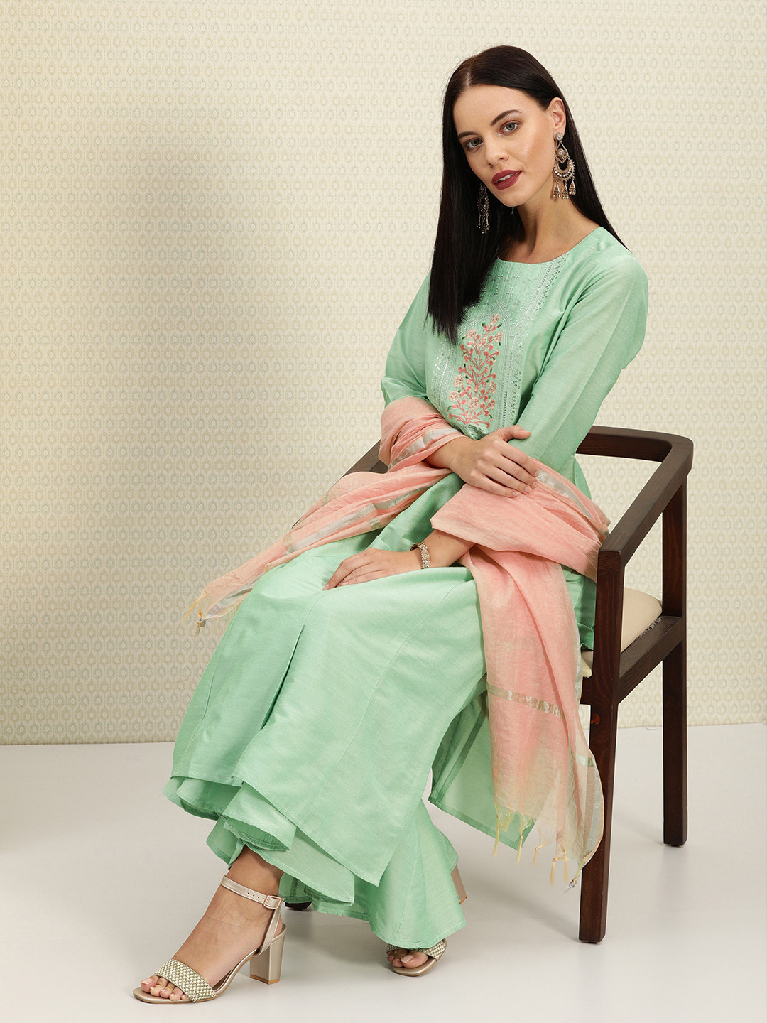 House of Pataudi Women Sea Green Yoke Design Kurta with Palazzos & Dupatta