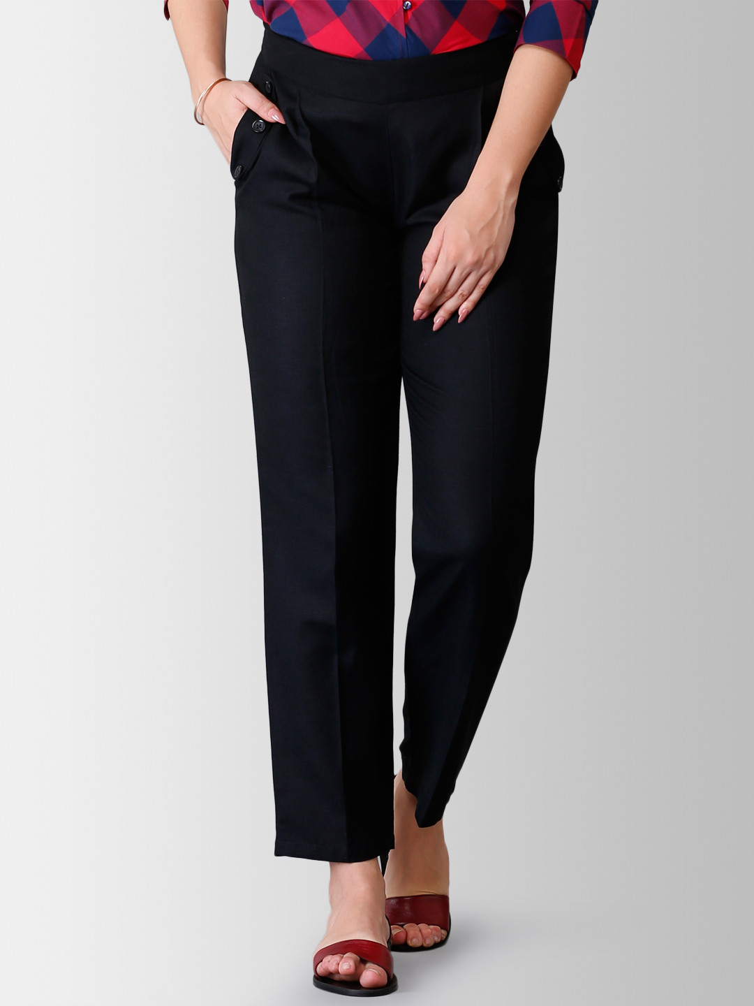 FableStreet Women Black Straight Fit Solid Regular Linen Trousers