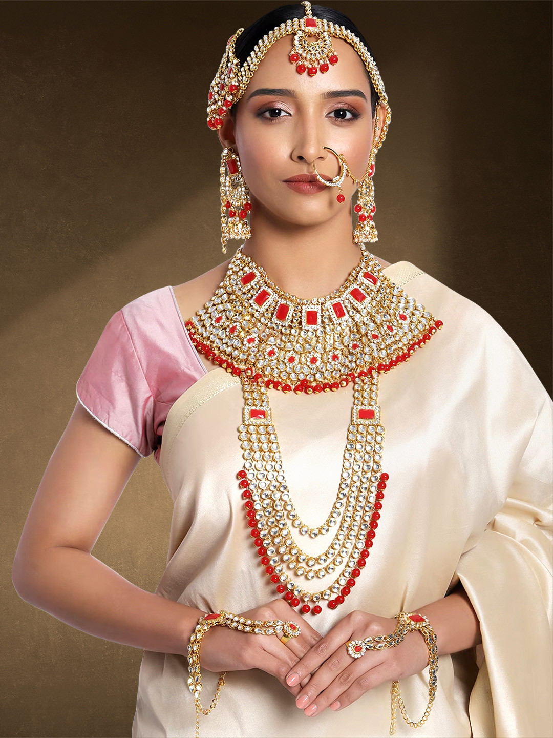 Peora Red & Gold-Plated Kundan Studded Bridal Jewellery Set