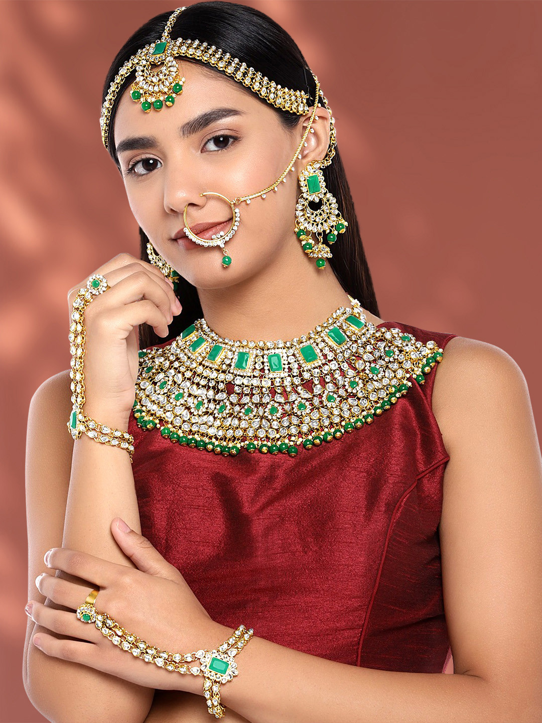 Peora 18K Gold-Plated & Green Kundan-Studded Akbar Bridal Jewellery Set
