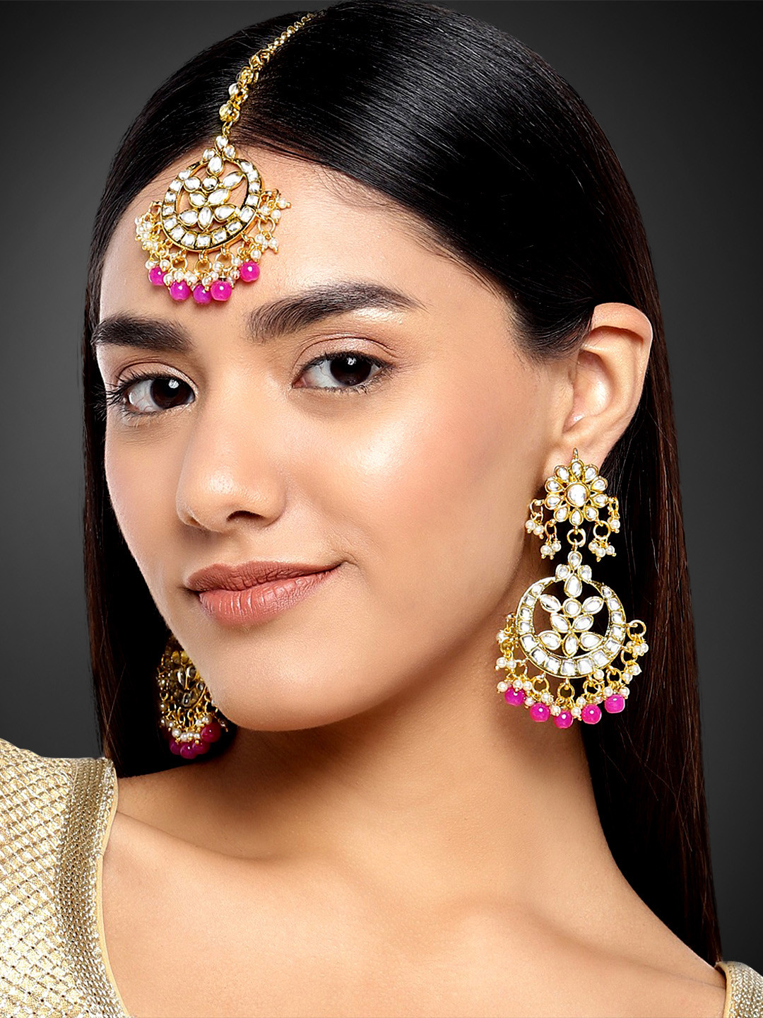Peora 18K Gold-Plated Kundan & Pearl Studded Maang Tikka Earring