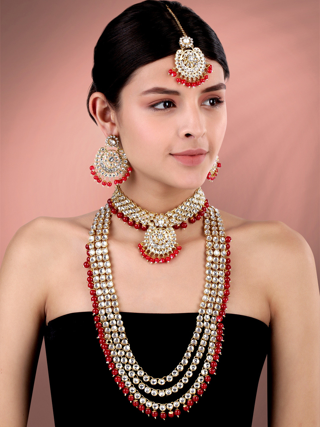 Peora 18K Gold-Plated Maroon Traditional Kundan Jewellery Set