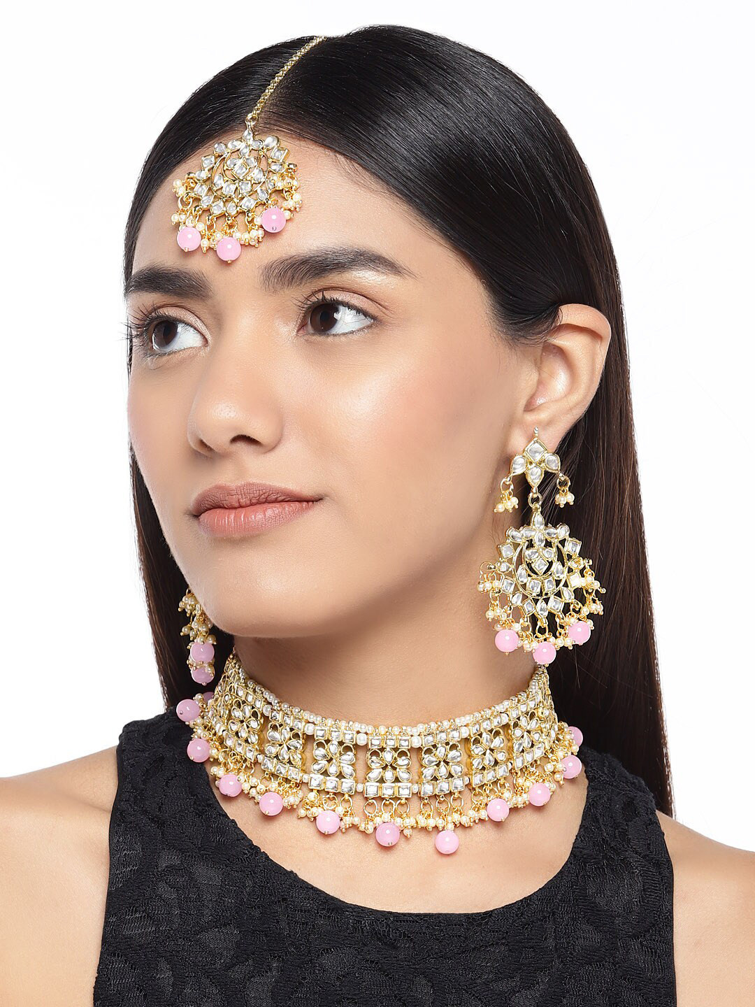 Peora18K Gold-Plated & Pink Kundan Studded Jewellery Set
