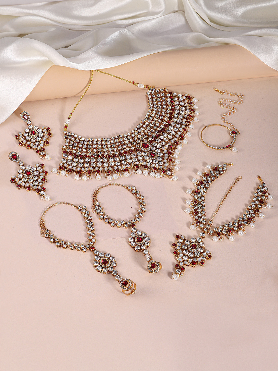Peora 18K Gold Plated & Maroon Cubic Zirconia Studded Traditional Jewellery Set