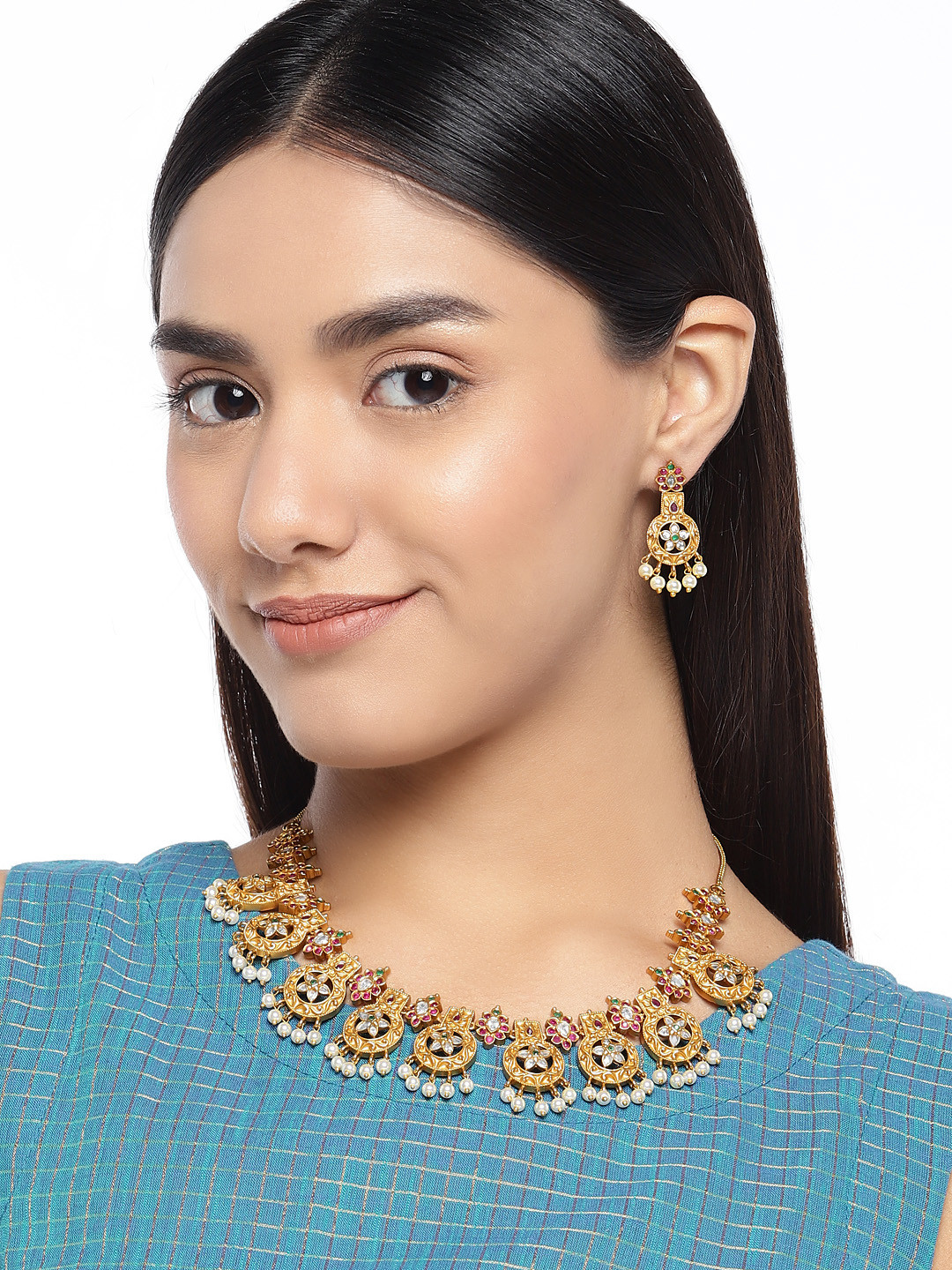 Peora Gold-Plated Pink Traditional Ruby Emerald CZ Stone Pearls Matte Finish Jewellery Set