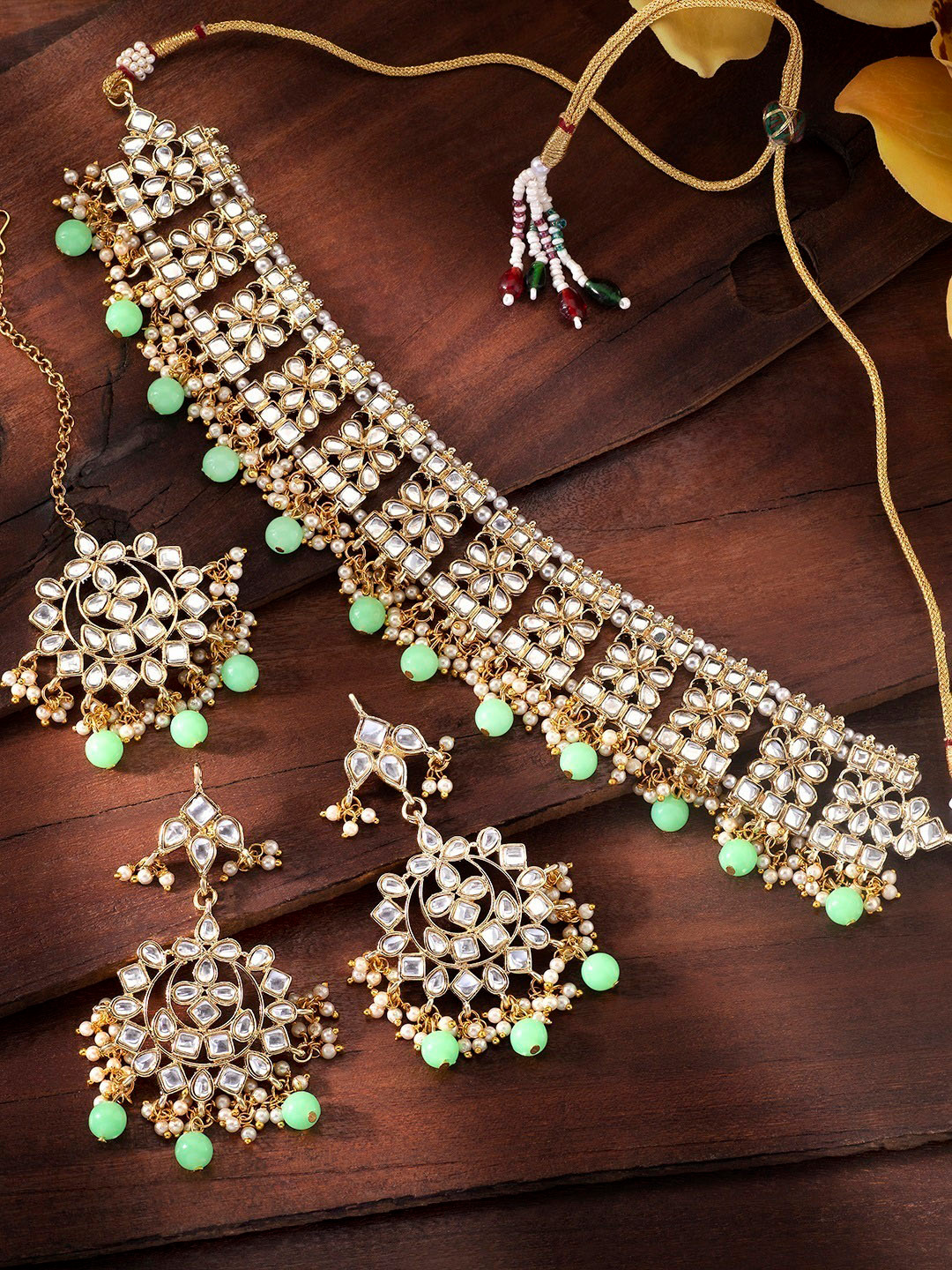 Peora 18K Gold-Plated & Green Kundan Studded Jewellery Set