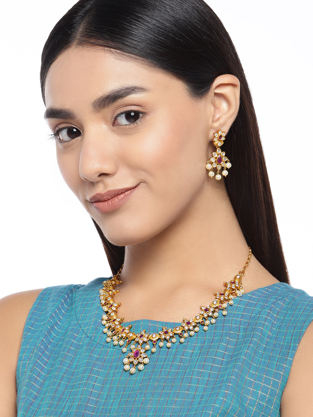 Peora Red Gold-Plated Matte Finish Ruby Emerald Cubic Zirconia Stone Studded Jewellery Set