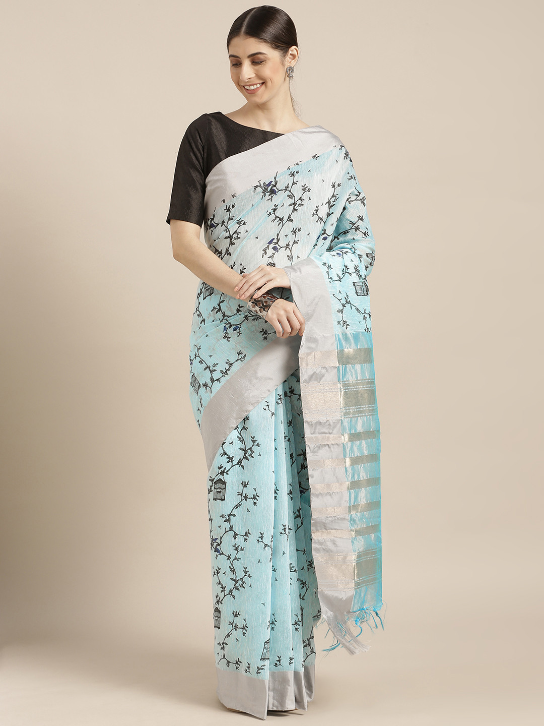 Mitera Blue Linen Blend Printed Kanjeevaram Saree