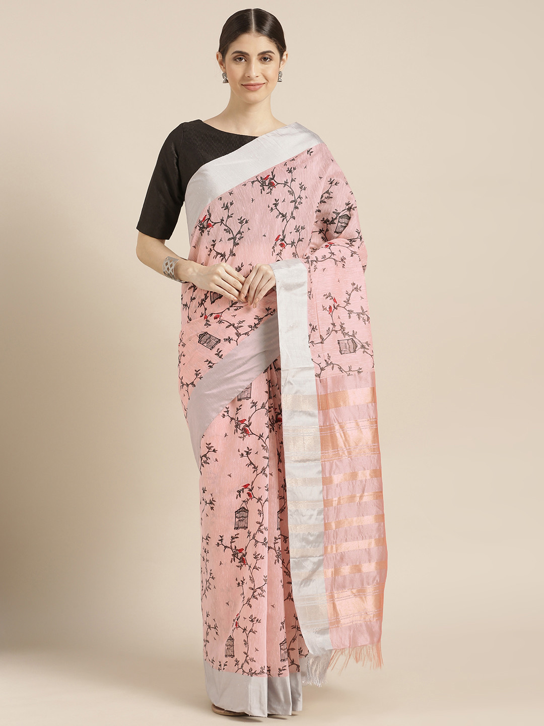 Mitera Pink Linen Blend Printed Kanjeevaram Saree