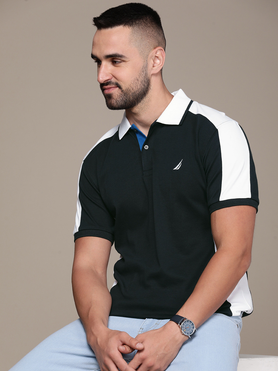 Nautica Men Navy Blue Solid Polo Collar  Cotton T-shirt