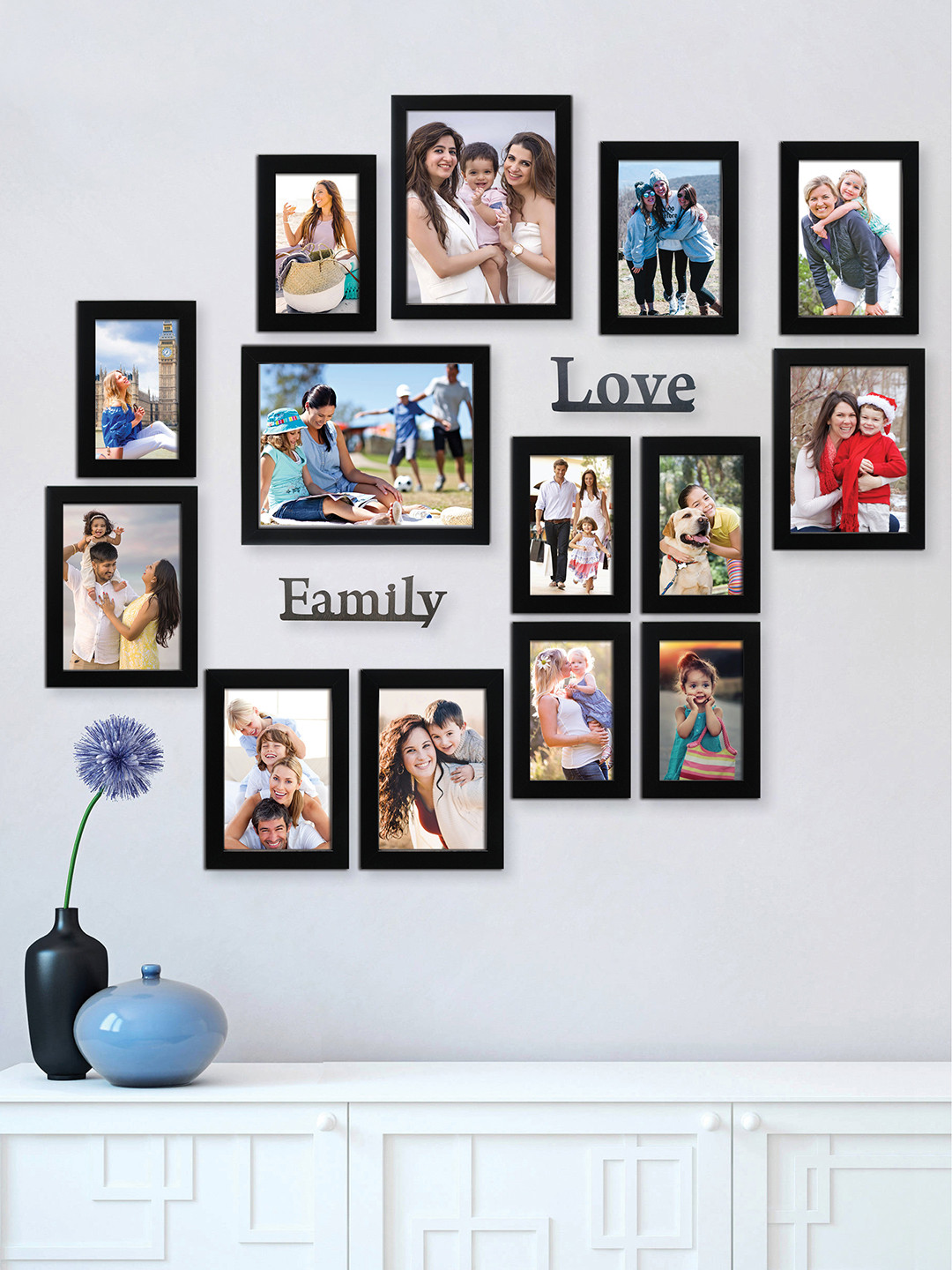 RANDOM Set of 14 Black Solid Rectangular Synthetic Photo Frames With Family & Love Plaques