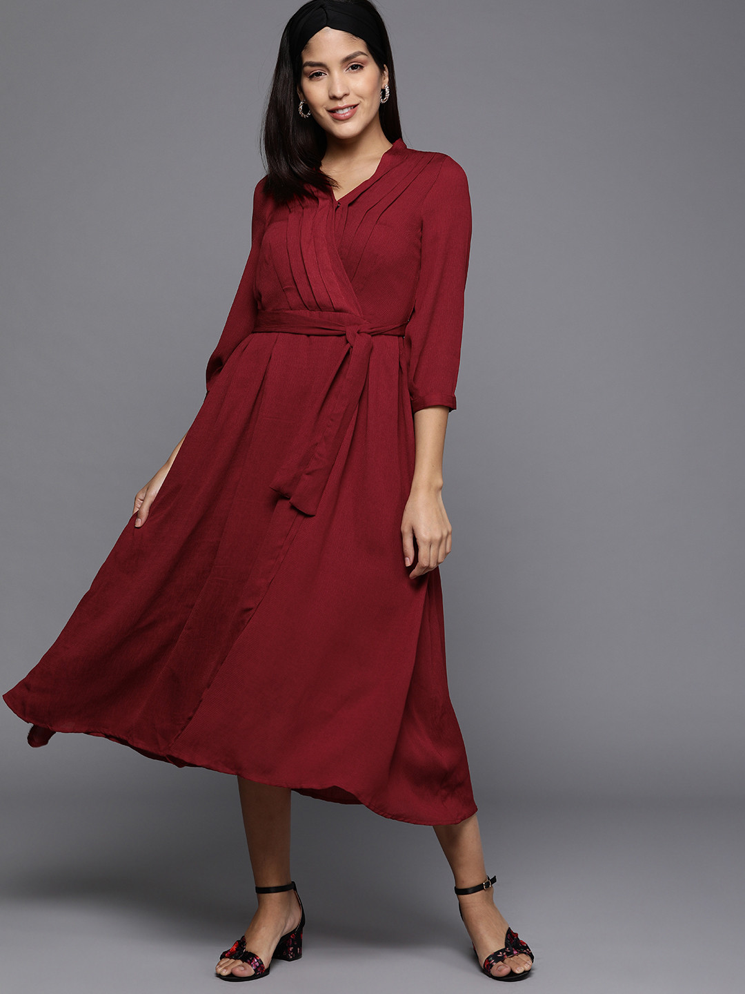 JC Collection Women Maroon Solid Wrap Dress With Pleated Detail