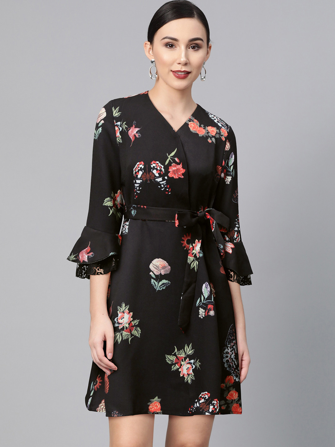 JC Collection Women Black & Peach-Coloured Floral Print Wrap Dress