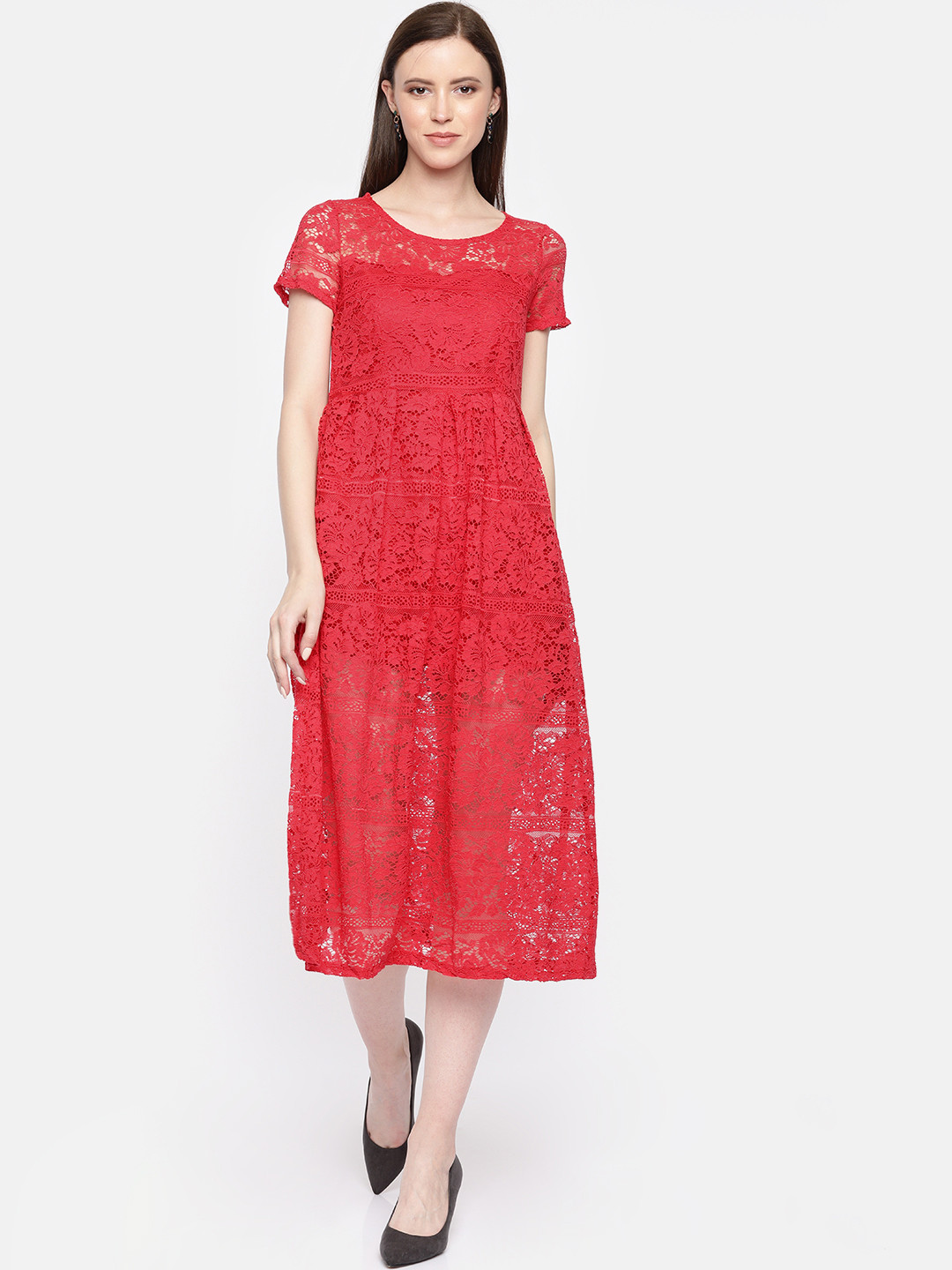 JC Collection Women Red Self Design Fit and Flare Dress with Lace Inserts