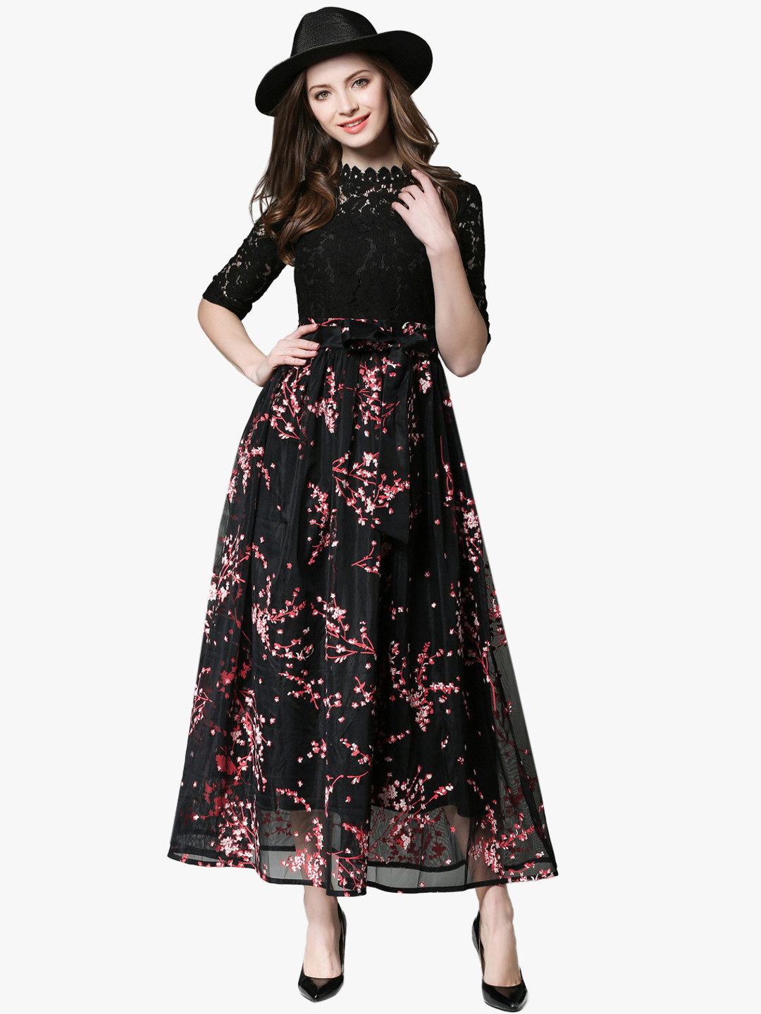 JC Collection Women Black & Red Printed Maxi Dress with Lace Inserts