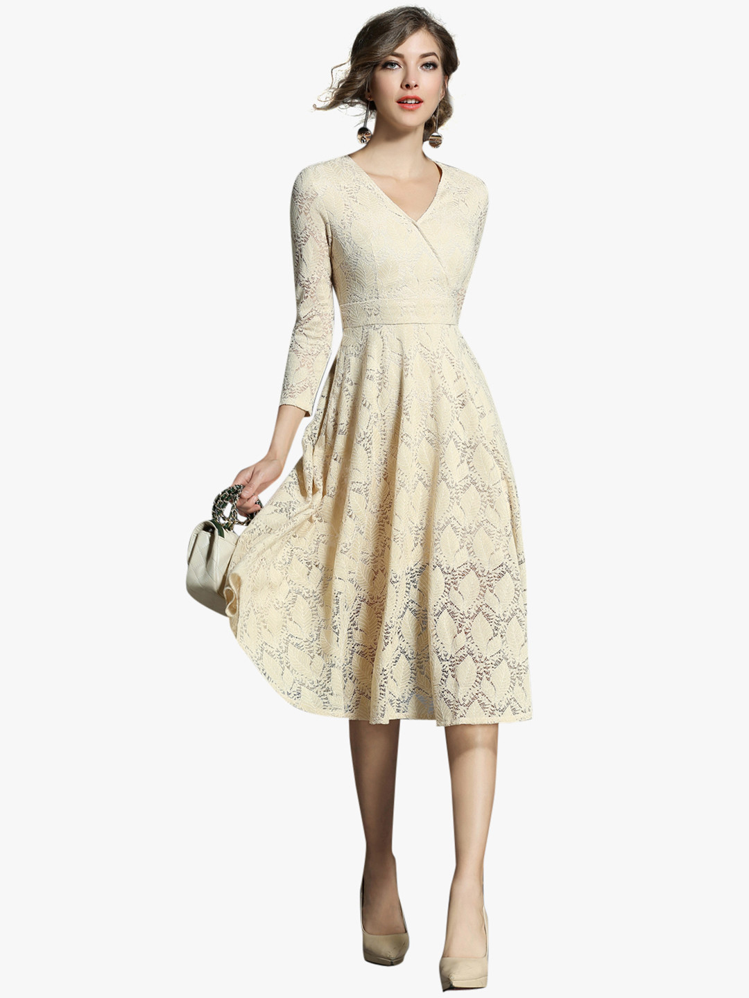 JC Collection Women Beige Lace Semi-Sheer Wrap Dress