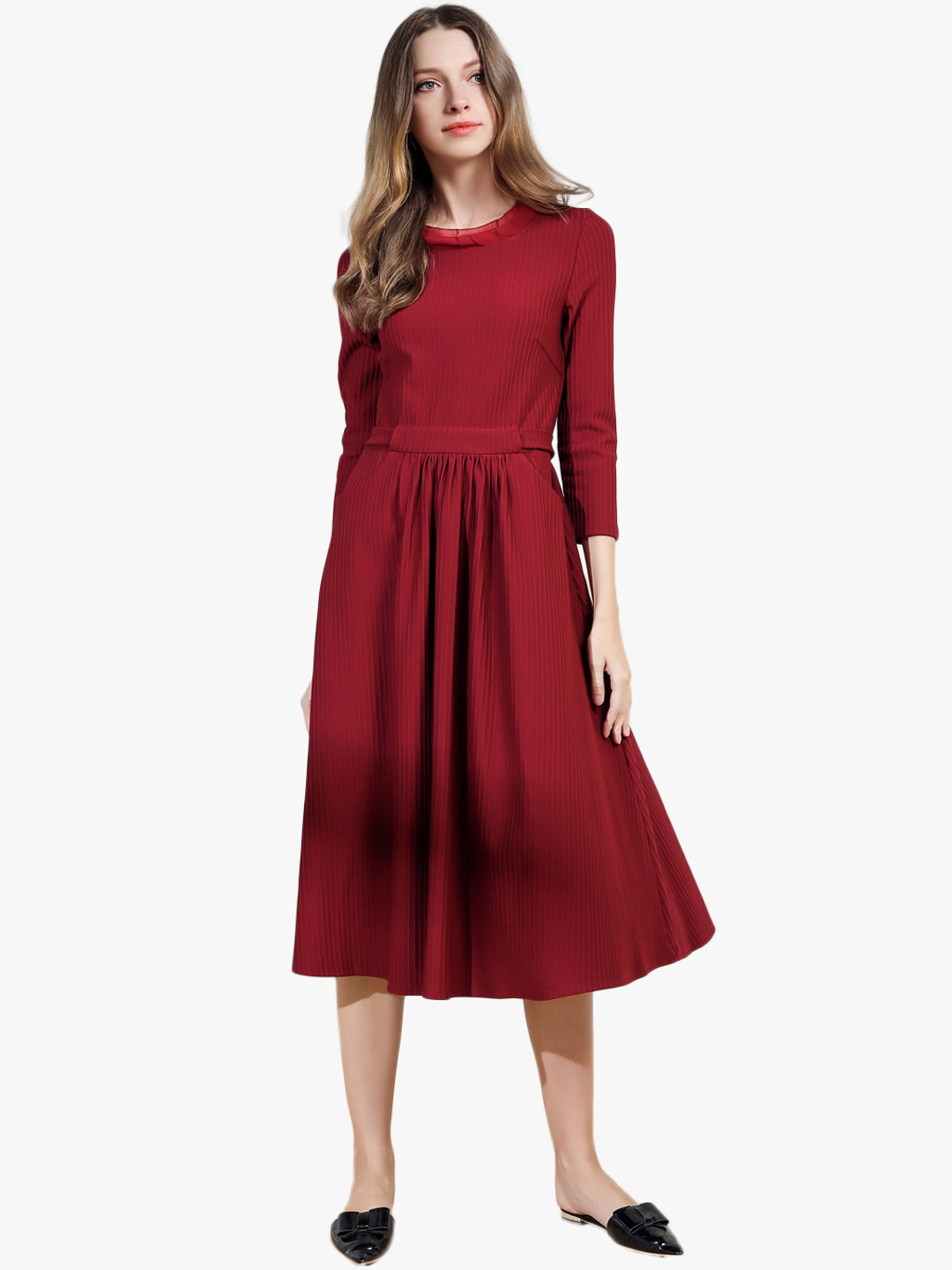 JC Collection Women Maroon Self-Striped A-Line Dress