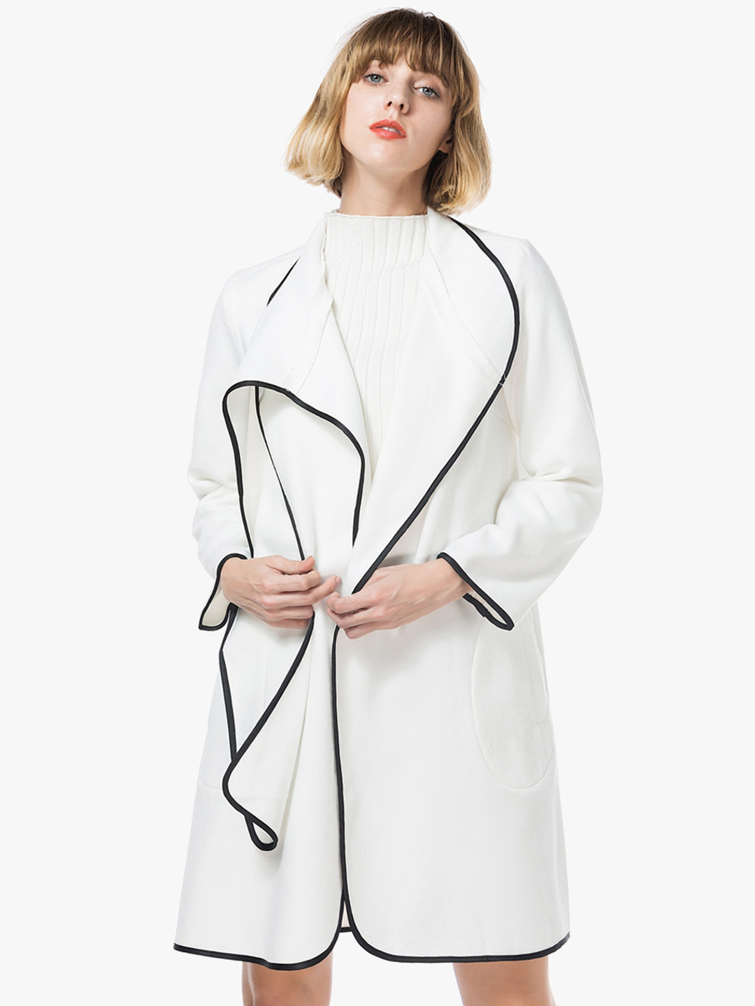 JC Collection Women White Solid Longline Open Front Jacket