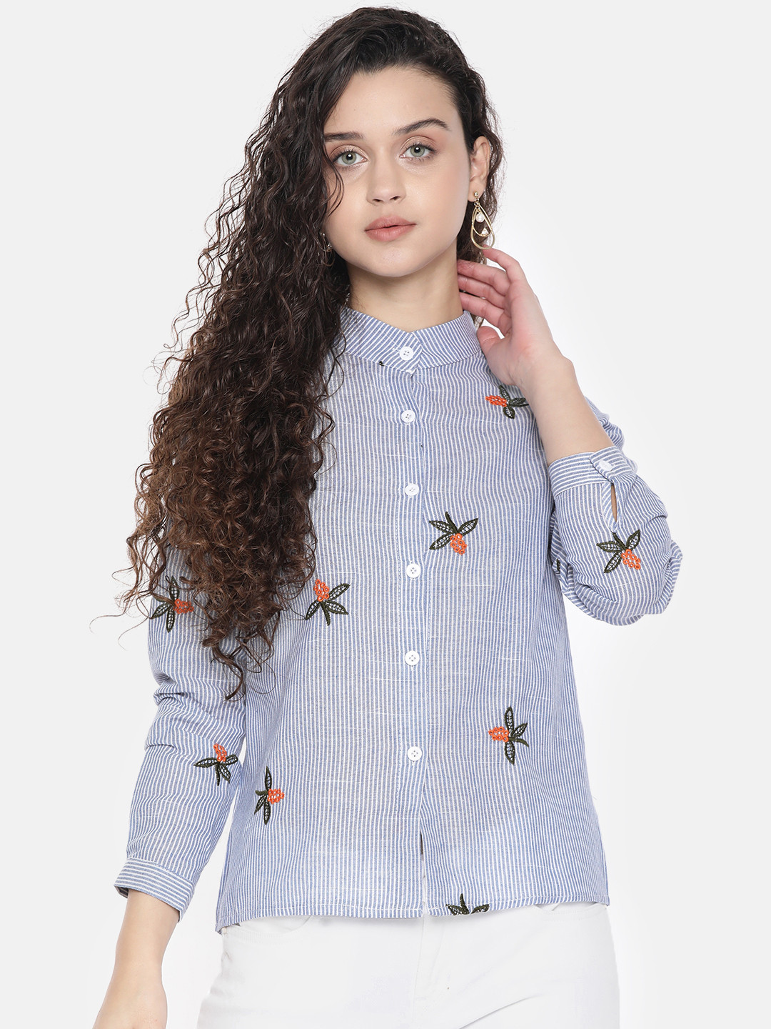 JC Collection Women Blue & White Slim Fit Striped Casual Shirt With Embroidery Detail