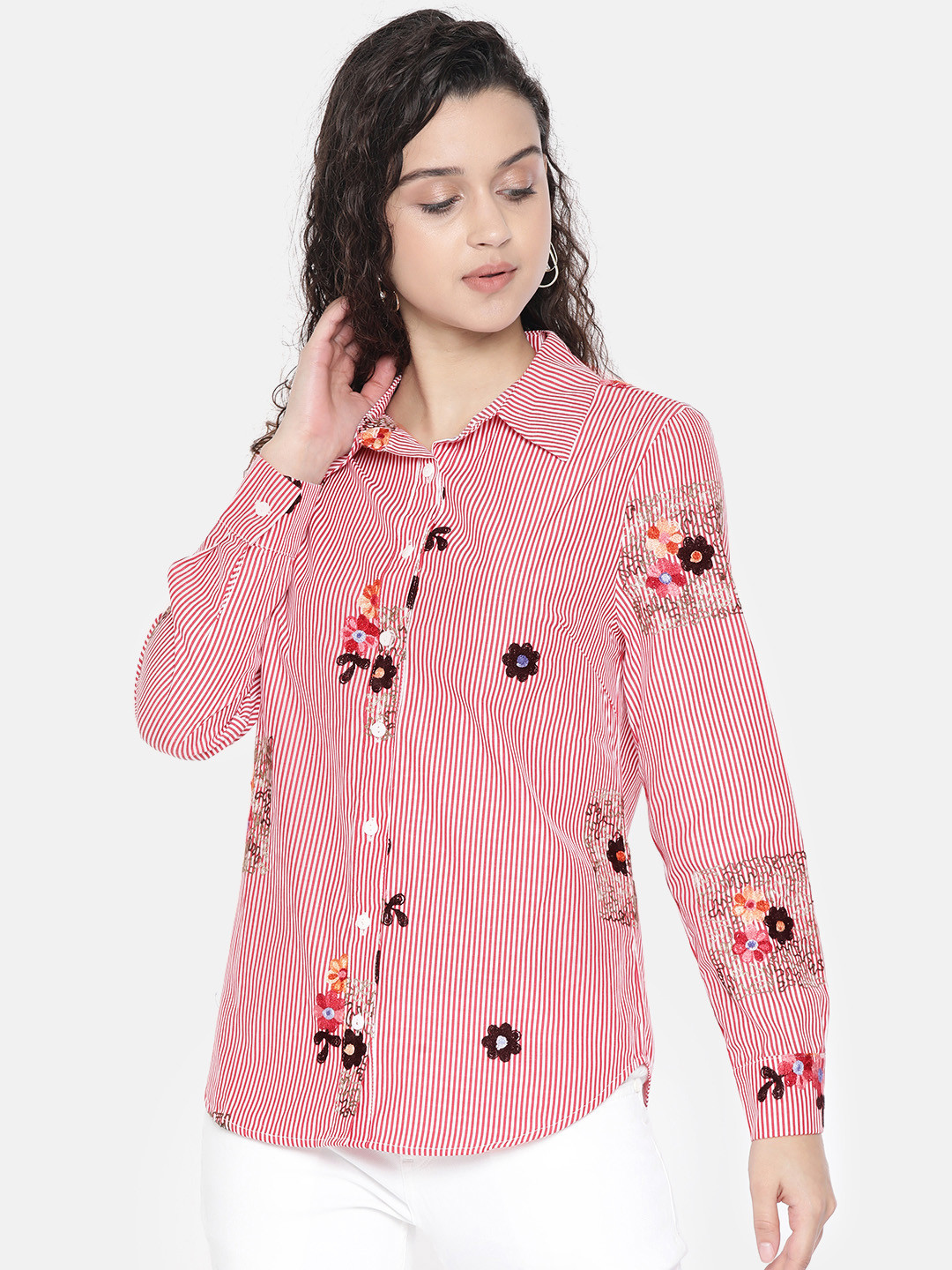 JC Collection Women Red & White Slim Fit Striped Casual Shirt With Embroidery Detail