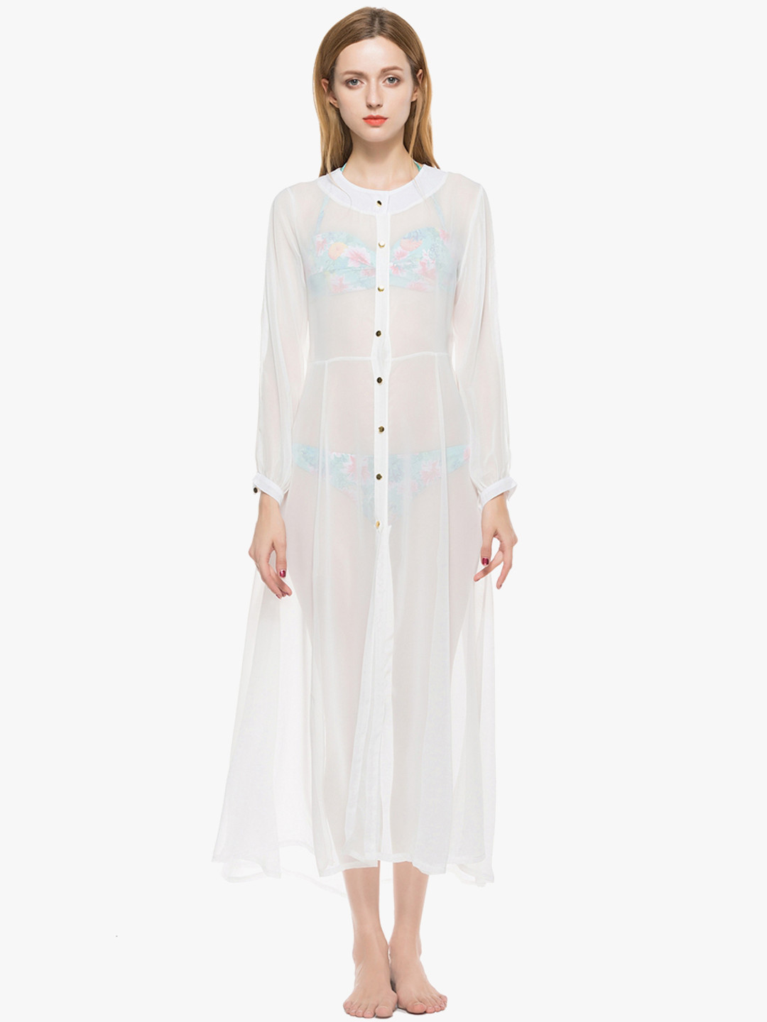 JC Collection Women White Solid Cover-Up Longline Swim Top Dress