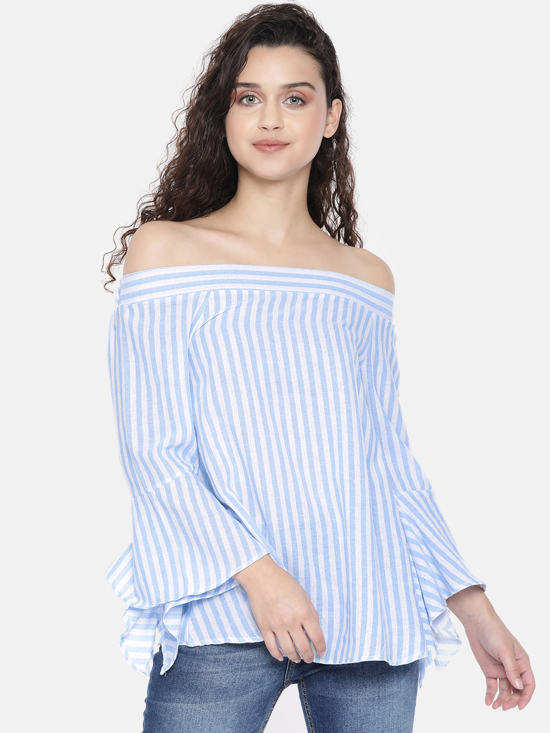 JC Collection Women White Striped Blouson Top