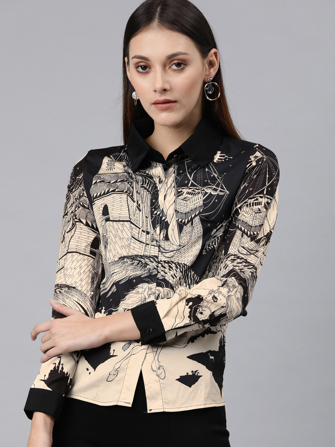 JC Collection Women Black & Cream-Coloured Regular Fit Printed Casual Shirt