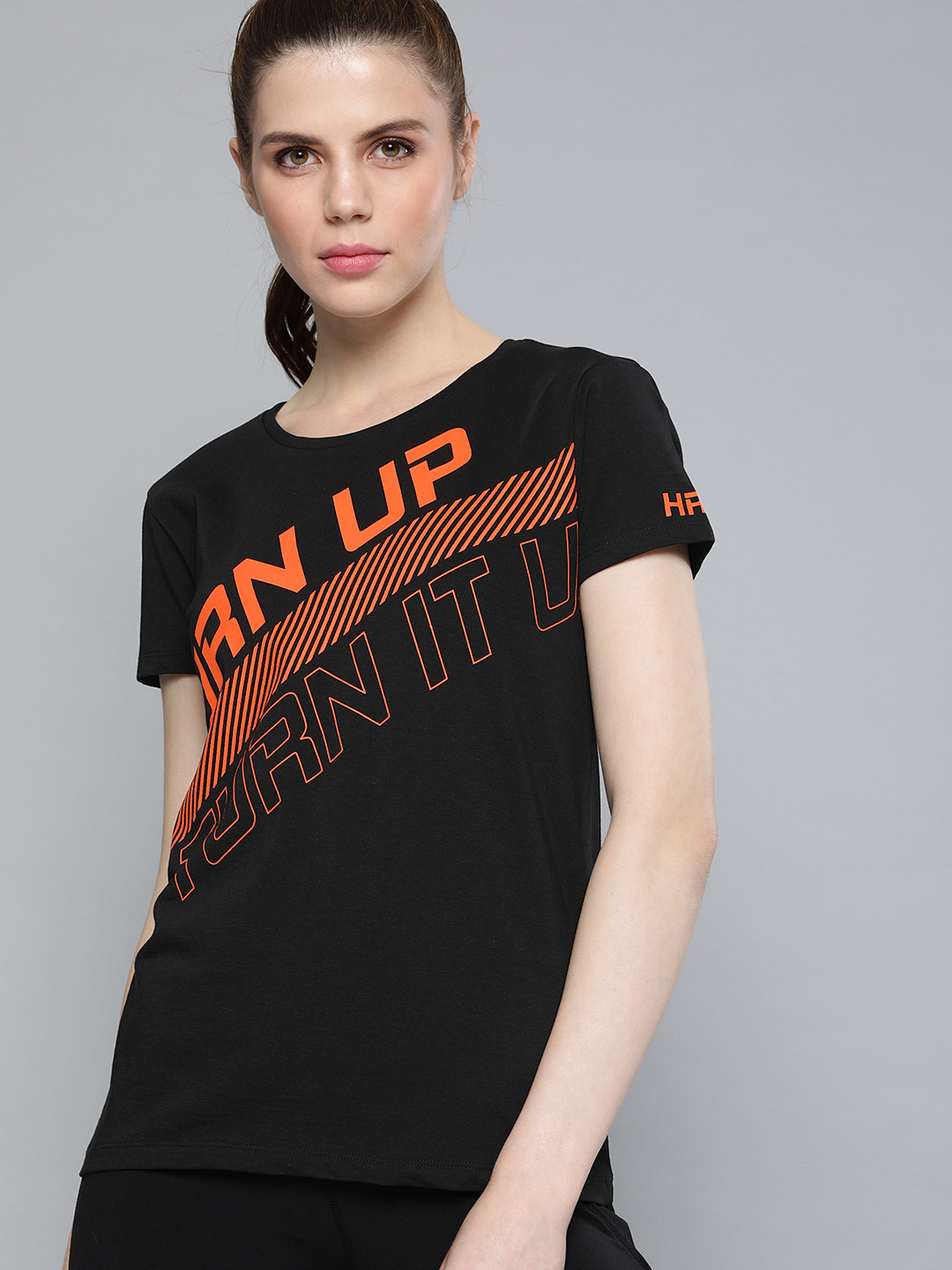 HRX by Hrithik Roshan Women Black Printed Round Neck Running Pure Cotton T-shirt