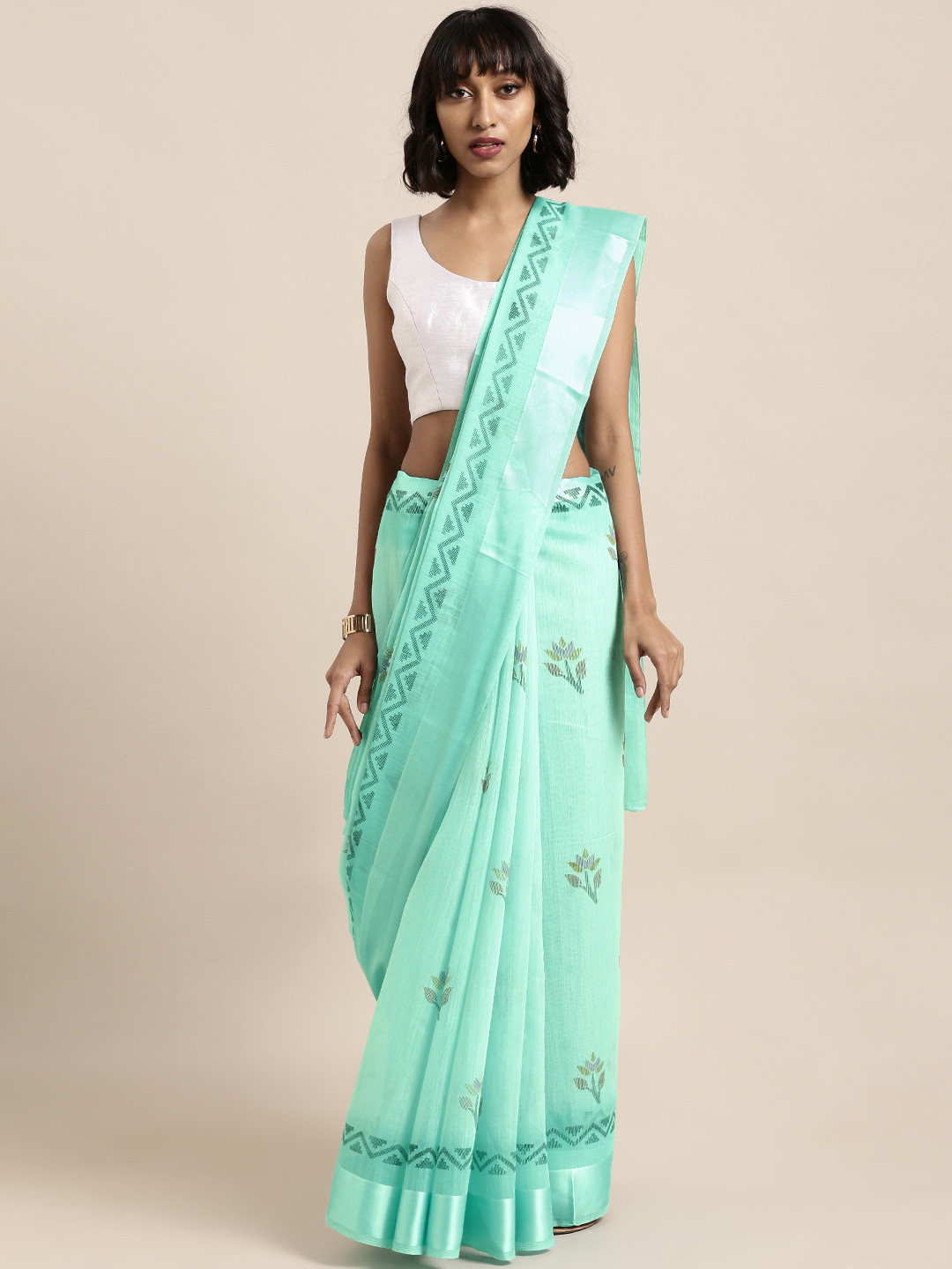 Satrani Turquoise Blue Printed Silk Cotton Saree