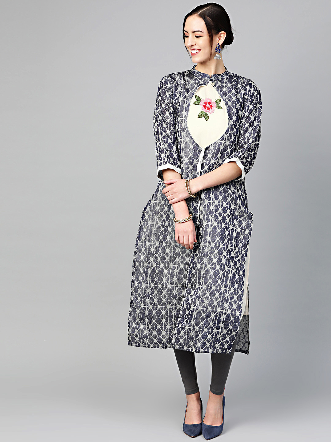 Chhabra 555 Grey & Off-White Printed Made to Measure Layered Kurta